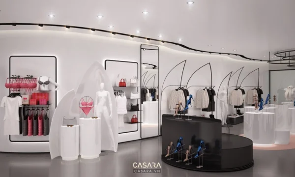Cửa hàng thời trang Casara với thiết kế trắng tinh tế, hiện đại.