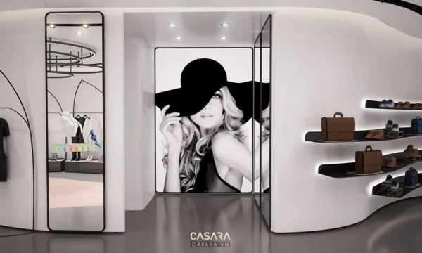 Nội thất cửa hàng thời trang sang trọng với hình ảnh người mẫu nổi bật.