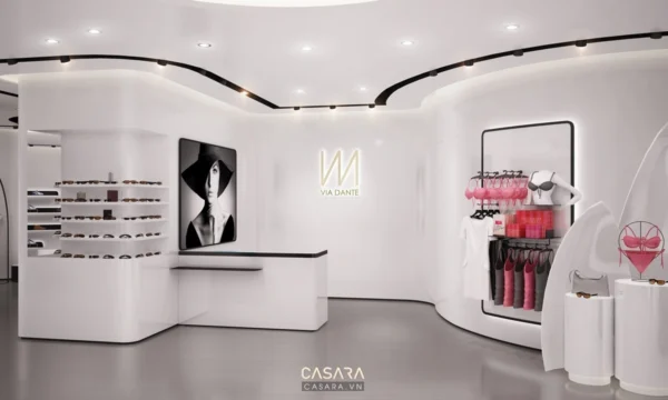 Cửa hàng thời trang nội thất trắng tinh tế, hiện đại và sang trọng.