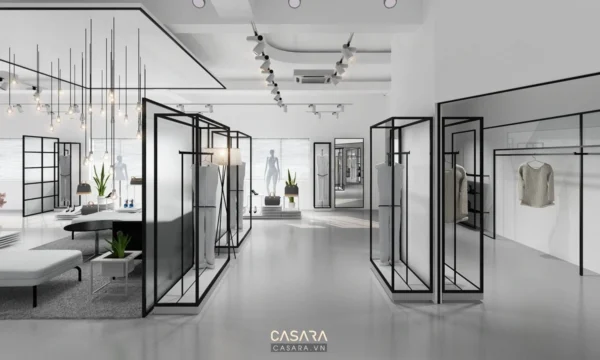 Nội thất cửa hàng thời trang hiện đại, tối giản với tông trắng chủ đạo.