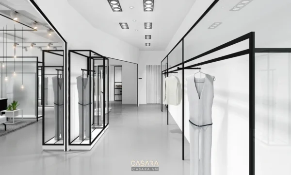 Cửa hàng thời trang thiết kế tối giản, sang trọng với tông trắng chủ đạo.