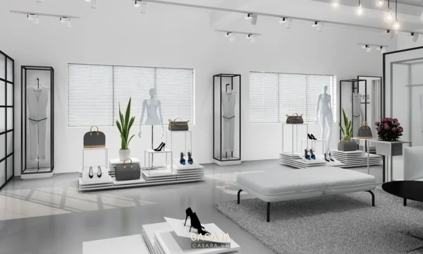 Cửa hàng thời trang cao cấp với thiết kế tối giản, sang trọng.