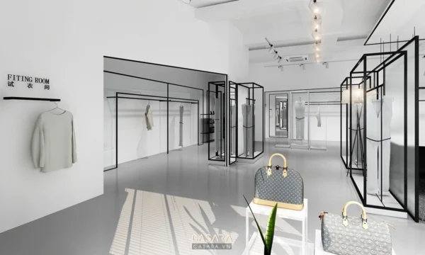 Phòng thử đồ hiện đại, tối giản với sàn trắng và kệ đen.