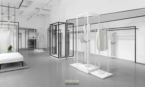 Cửa hàng thời trang tối giản, trắng sáng, thiết kế hiện đại.