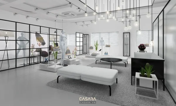 Không gian cửa hàng thời trang hiện đại, sáng sủa với nội thất tối giản.