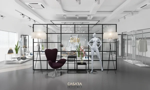 Cửa hàng thời trang thiết kế hiện đại, sang trọng với tông màu trắng chủ đạo.