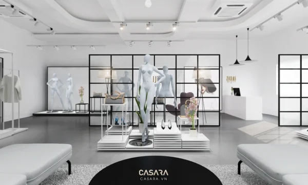 Không gian cửa hàng thời trang hiện đại, sang trọng với nội thất trắng chủ đạo.
