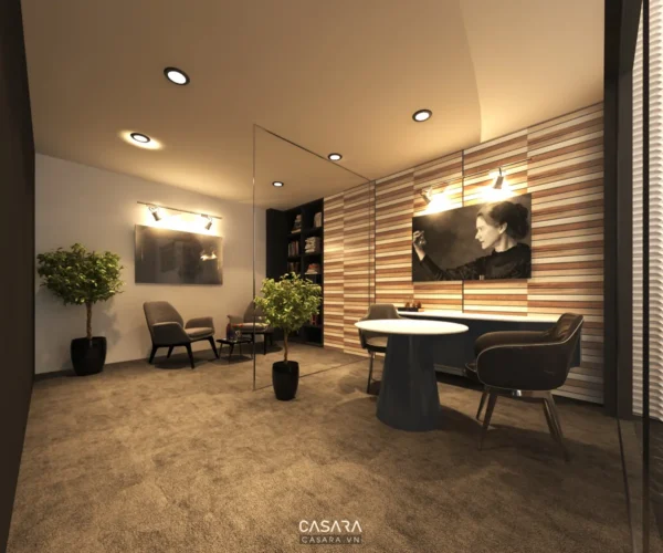 Phòng họp hiện đại với tông màu gỗ ấm cúng, ánh sáng dịu nhẹ.