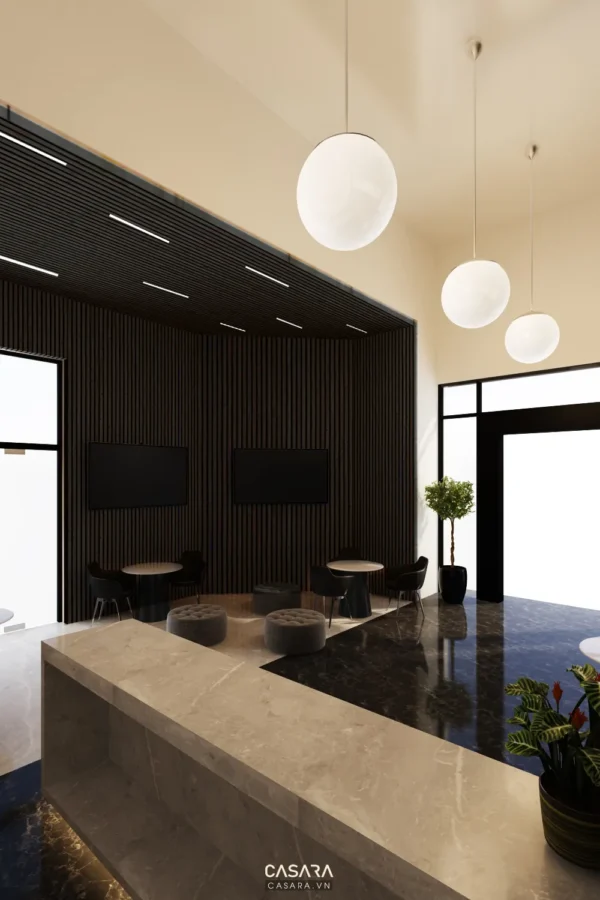 Sảnh đón khách hiện đại với thiết kế tối giản, tinh tế.