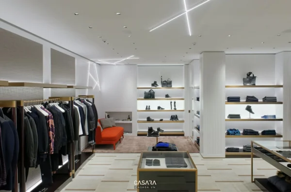 Cửa hàng thời trang nam cao cấp, thiết kế tối giản, sang trọng.