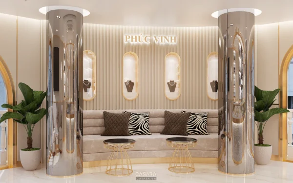Khu vực trưng bày trang sức sang trọng với thiết kế nội thất hiện đại.