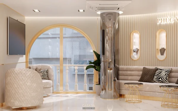 Phòng khách sang trọng với thiết kế hiện đại, tông màu kem và vàng.