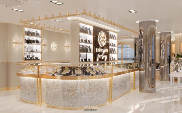 Nội thất cửa hàng trang sức cao cấp sang trọng, ánh sáng vàng ấm áp.