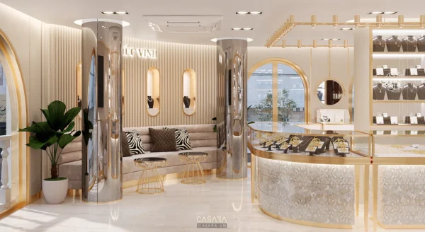 Nội thất cửa hàng trang sức Casara hiện đại, sang trọng với tông vàng-trắng chủ đạo.