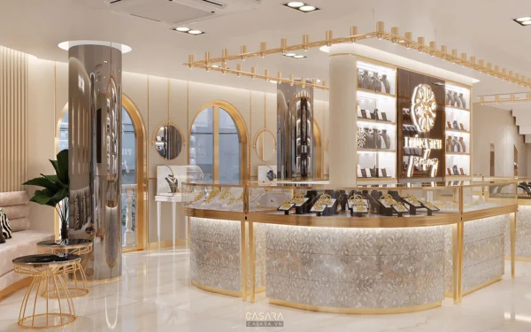 Cửa hàng trang sức cao cấp với thiết kế nội thất sang trọng, hiện đại.
