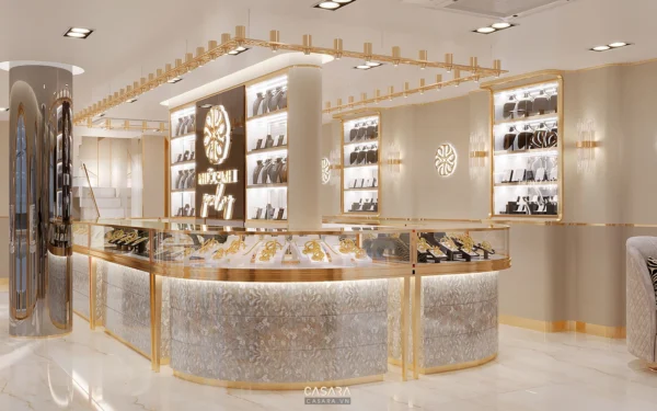 Cửa hàng trang sức sang trọng với thiết kế hiện đại, ánh sáng ấm áp.