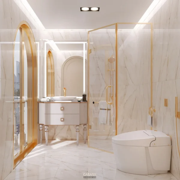 Phòng tắm hiện đại, sang trọng với tông màu trắng và vàng chủ đạo.