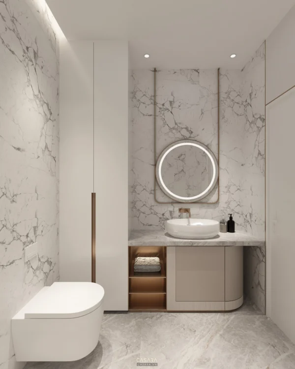 Phòng tắm hiện đại, sang trọng với tông màu trắng chủ đạo.