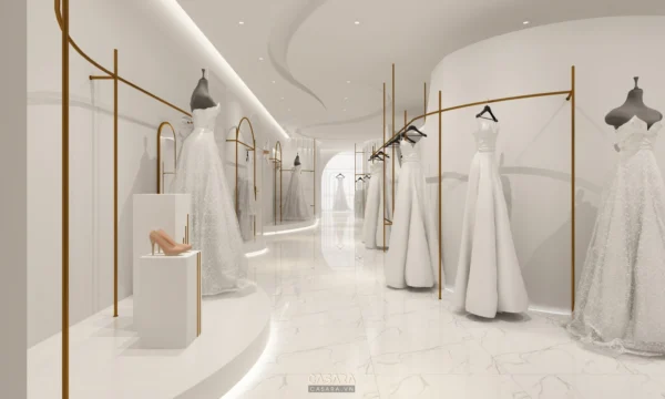 Cửa hàng váy cưới sang trọng với thiết kế tối giản, ánh sáng dịu nhẹ.