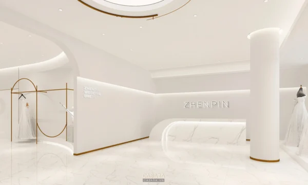 Không gian cửa hàng váy cưới trắng tinh tế, hiện đại và sang trọng.