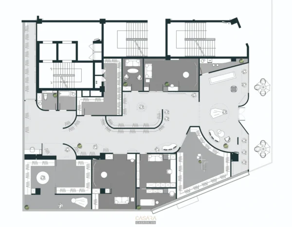 Bản vẽ mặt bằng kiến trúc chi tiết của một khu phức hợp hiện đại.