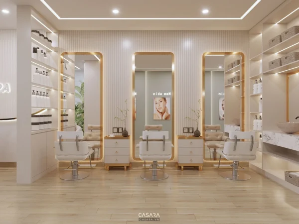 Phòng làm tóc hiện đại, sang trọng với thiết kế đối xứng tinh tế.
