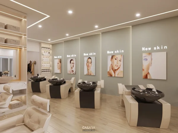 Không gian spa hiện đại, sang trọng với tông màu trung tính, ánh sáng ấm áp.