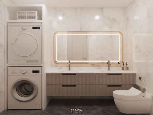 Phòng tắm hiện đại với tông màu trắng kem, thiết kế tối giản, tinh tế.