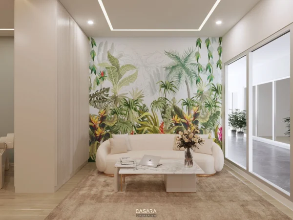 Phòng khách hiện đại, tươi mát với điểm nhấn là tường cây nhiệt đới.