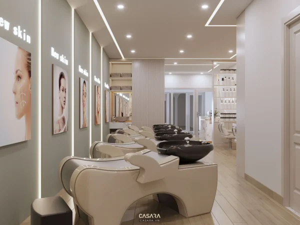 Nội thất spa hiện đại, sang trọng với tông màu trắng chủ đạo.