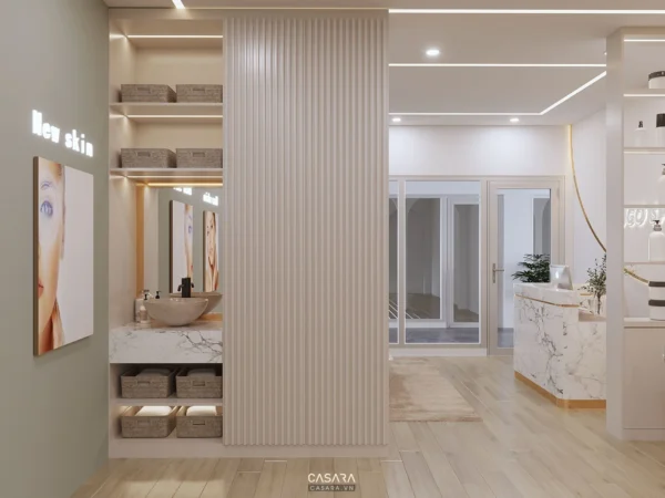 Nội thất spa hiện đại, sang trọng với tông màu trắng chủ đạo.