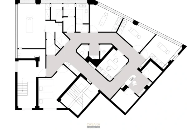 Bản vẽ mặt bằng công trình kiến trúc hiện đại, bố cục phức tạp.