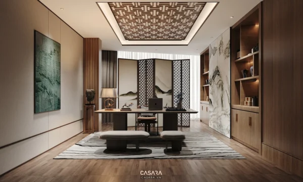 Phòng làm việc sang trọng với thiết kế nội thất phong cách Á Đông hiện đại.