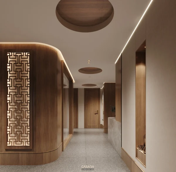 Hành lang hiện đại với thiết kế gỗ và ánh sáng tinh tế.