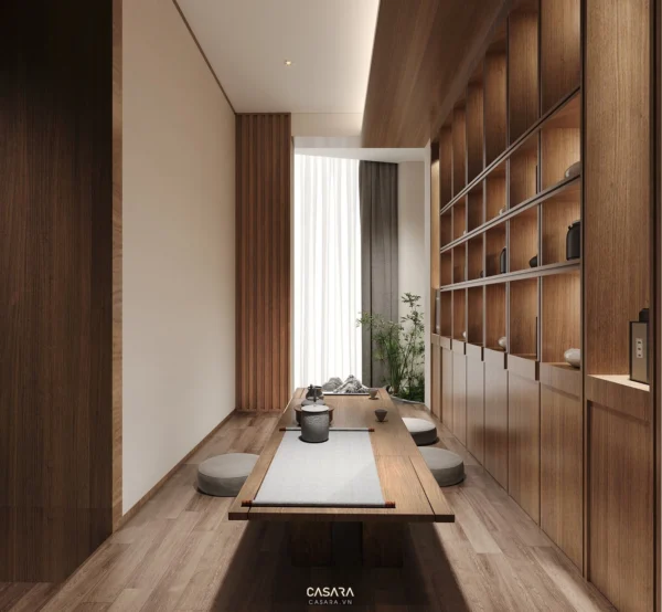 Phòng trà kiểu Nhật tối giản, thanh lịch với gỗ trầm ấm.