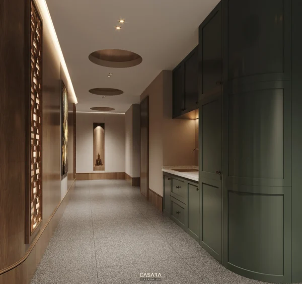 Hành lang dài với thiết kế hiện đại, ánh sáng vàng ấm áp tinh tế.
