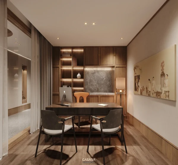 Phòng làm việc hiện đại, ấm cúng với nội thất gỗ và tranh nghệ thuật.