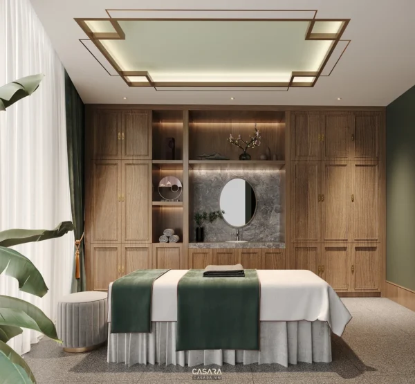 Phòng massage hiện đại, sang trọng với nội thất gỗ ấm áp.