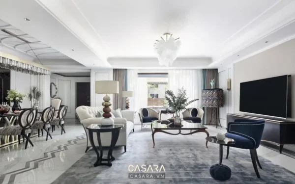 Phòng khách hiện đại, sang trọng với nội thất tinh tế, ánh sáng dịu nhẹ.