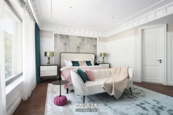 Phòng ngủ phong cách tân cổ điển sang trọng, ấm cúng với tông màu pastel.