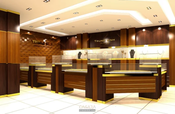 Cửa hàng trang sức sang trọng với thiết kế nội thất hiện đại, ấm cúng.