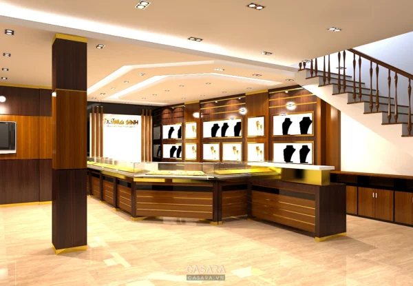 Nội thất cửa hàng trang sức hiện đại, sang trọng với thiết kế độc đáo.