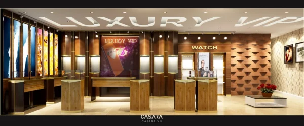 Nội thất cửa hàng đồng hồ sang trọng, hiện đại với tông màu ấm áp.