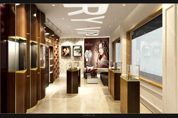 Nội thất cửa hàng đồng hồ sang trọng với tông màu ấm áp.