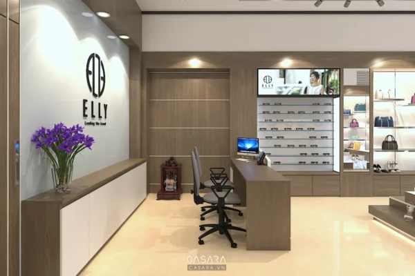 Quầy thu ngân thiết kế liền vách backdrop gắn logo ELLY