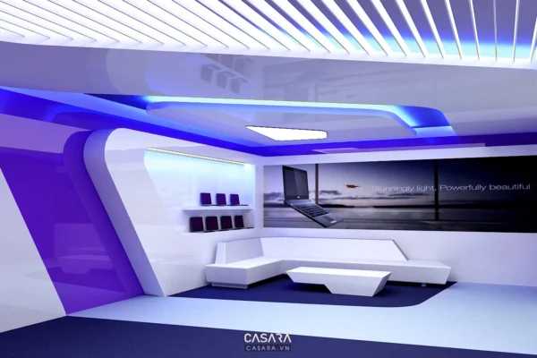 Phòng trưng bày công nghệ tương lai với ánh sáng neon nổi bật.