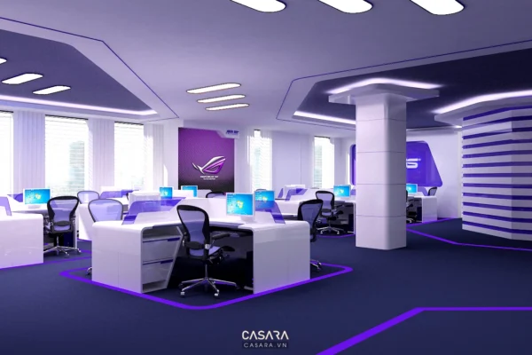 Văn phòng làm việc hiện đại, tông màu tím trắng chủ đạo, ánh sáng dịu.