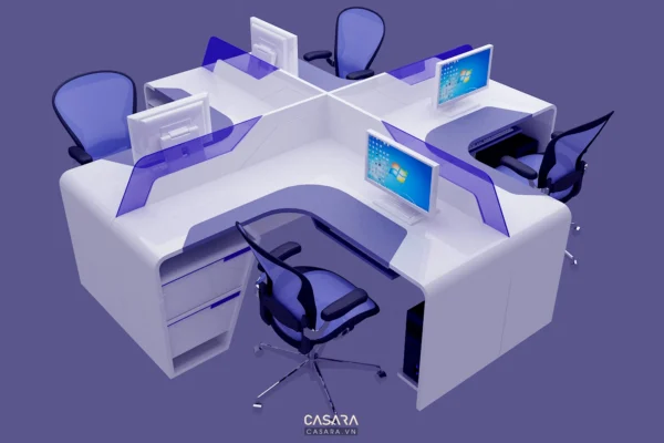 Khu vực làm việc hiện đại với bàn ghế màu tím trắng tinh tế.