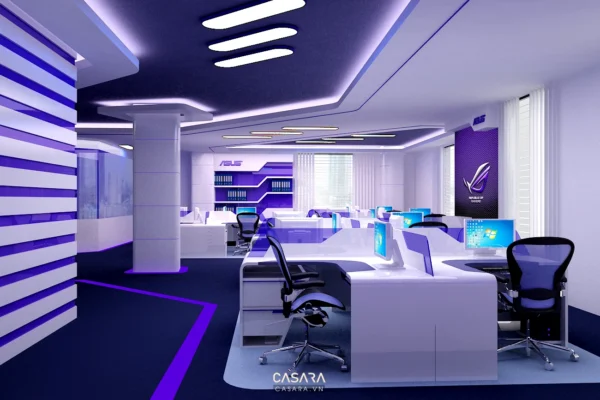 Phòng làm việc hiện đại, tông màu tím trắng chủ đạo, thiết kế chuyên nghiệp.