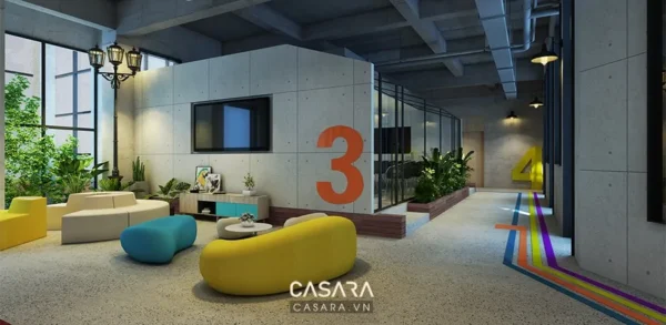 Khu vực sảnh đón tiếp hiện đại với tông màu tươi sáng, trẻ trung.